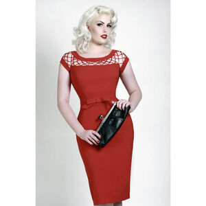 Tatyana Bettie Page Red Cutout Trim Bow Pinup Rockabilly Sheath Dress Size XS